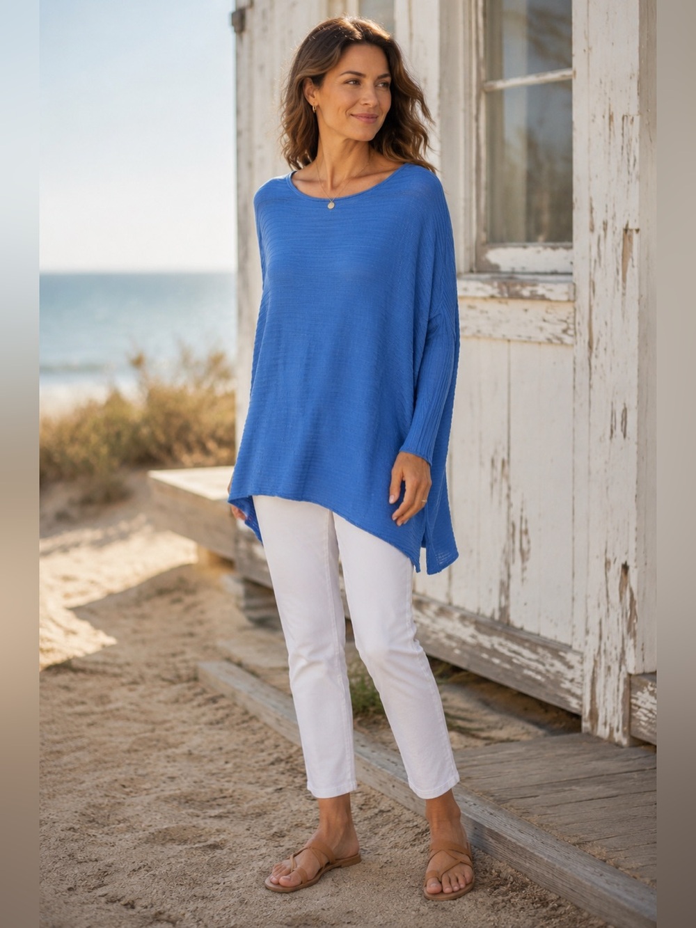 Eileen Fisher Blue Tencel Textured Asymmetrical Tunic Top Large Made USA